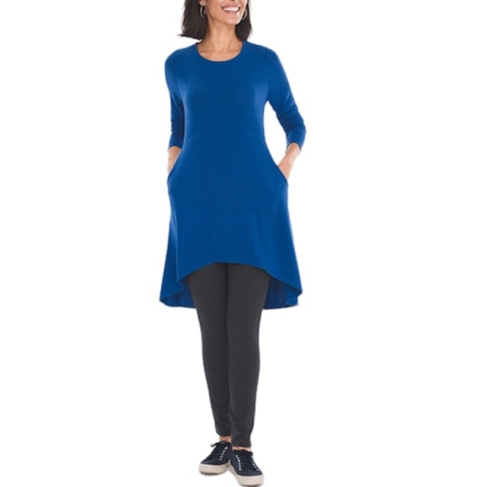 Chico’s Button-Back  Side Pockets Long Sleeve Blue Tunic Top Size 1 = M/8